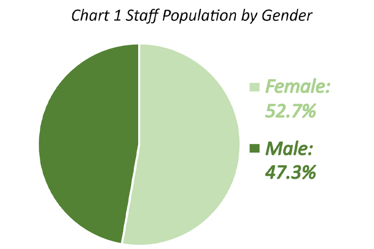 Pie chart showing staff population by gender. Female 52.7% and Male 47.3%.