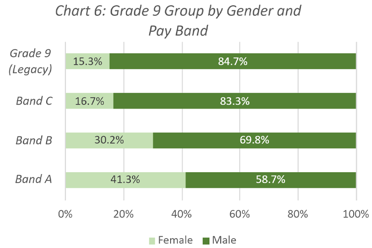 Horizontal stacked bar chart showing Grade 9 group by gender and pay band. From the top, Grade 9 (legacy) shows female at 15.3% and male at 84.7%. Band C shows female at 16.7% and male at 83.3%. Band B shows female at 30.2% and male at 69.8%. Band A shows female at 41.3% and male at 58.7%.