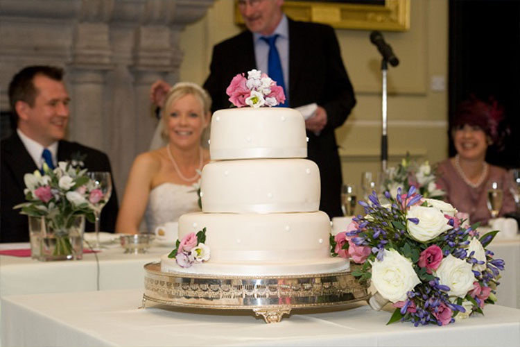 Wedding cake during speeches at a wedding in St Andrews