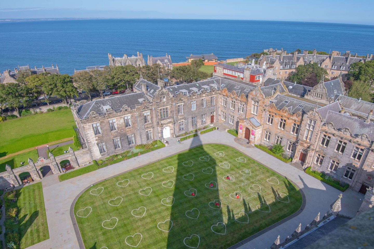 Aerial view of quadrangle with love hearts on lawn