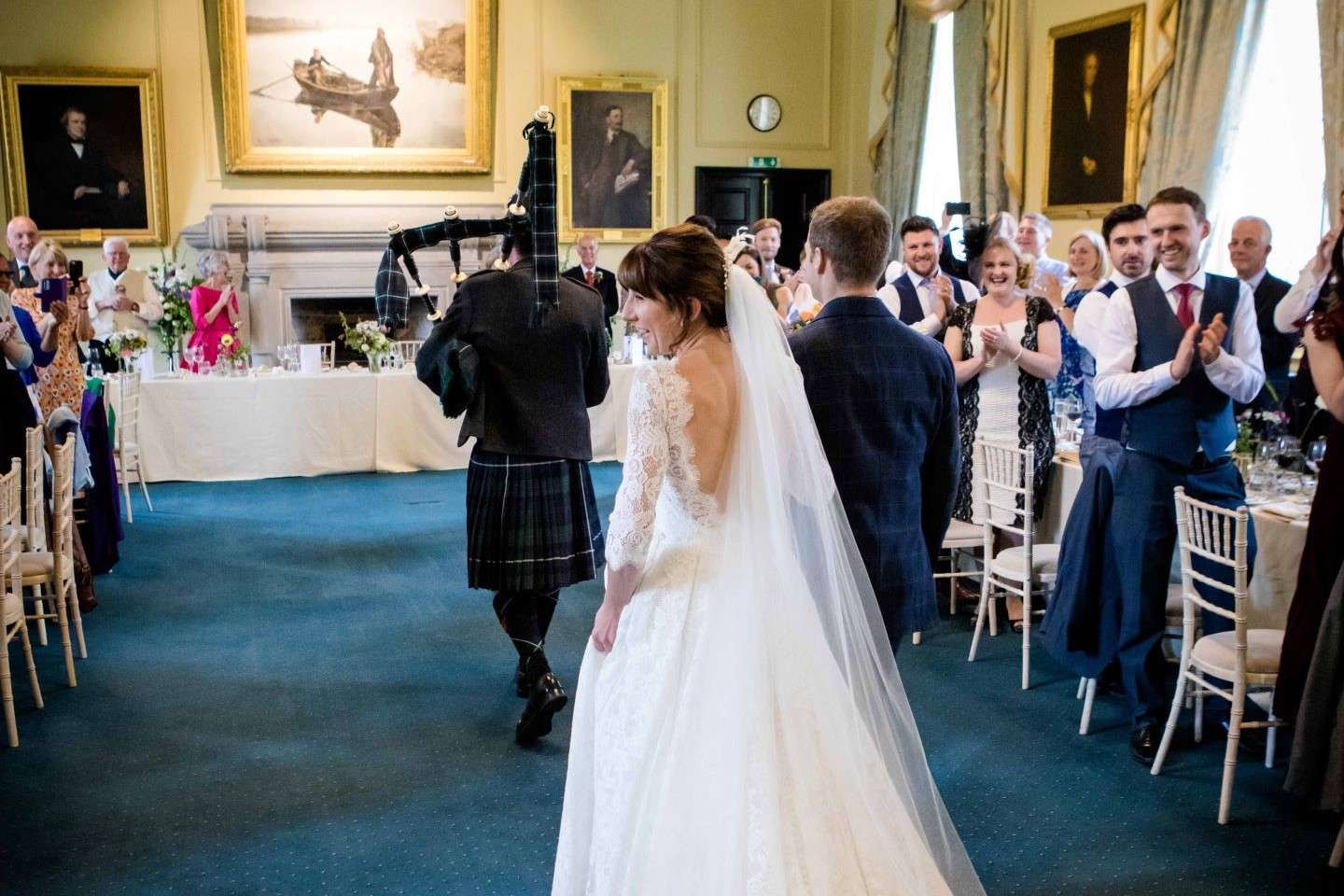 Piper leading bride into Lower College Hall