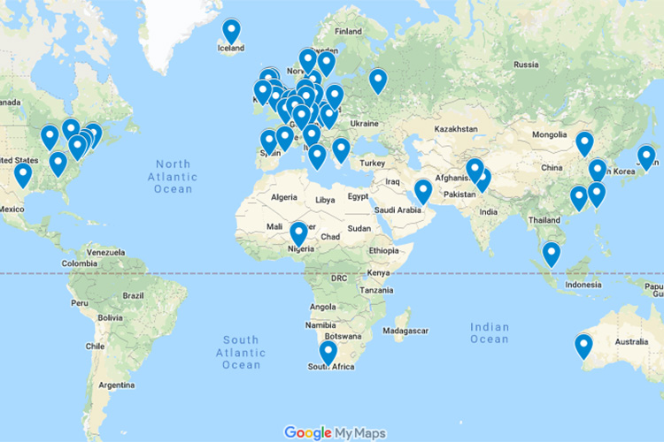 Earth map showing location of alumni clubs