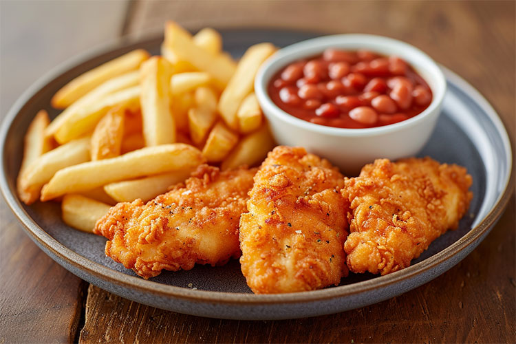 Chicken tenders, fries, and baked beans on a grey plate.