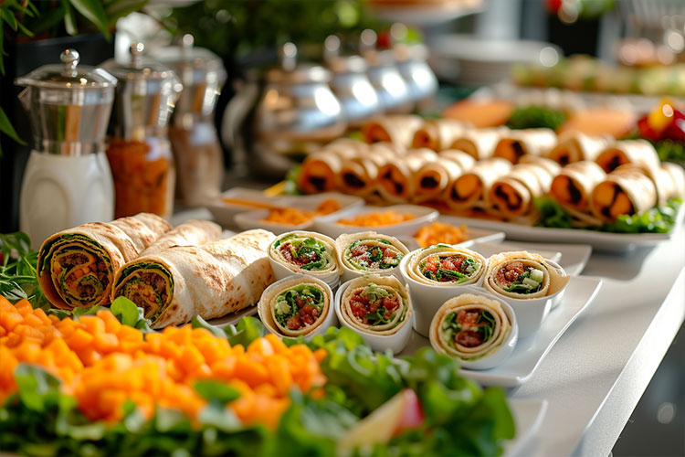 Sliced wrap sandwiches on a buffet with salads and vegetables.