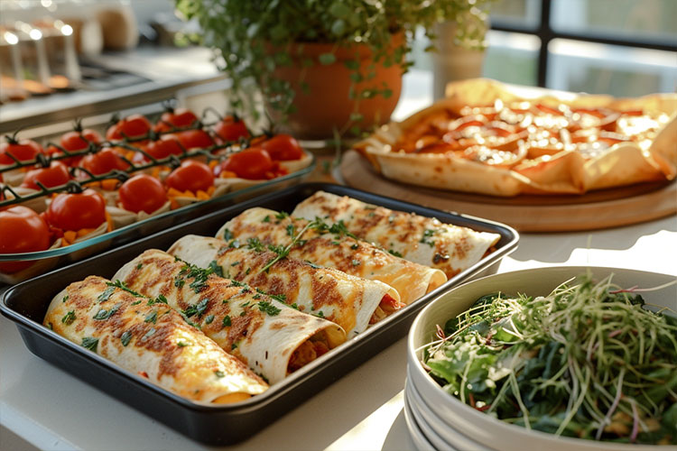 Enchiladas, salad, tomato skewers, and pizza on a catering table.