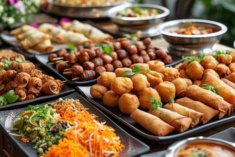 Appetiser buffet with spring rolls, skewered meatballs, dough balls, and salad.
