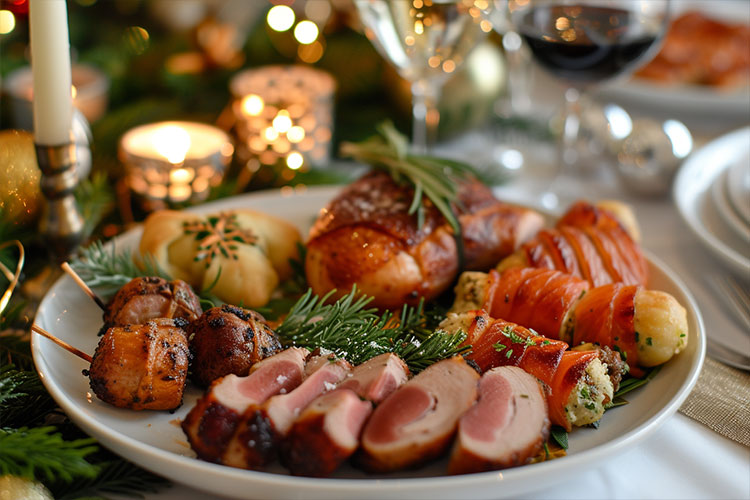Close-up of a festive corporate Christmas feast with turkey, pigs in blankets, and salmon arancini on a holiday table