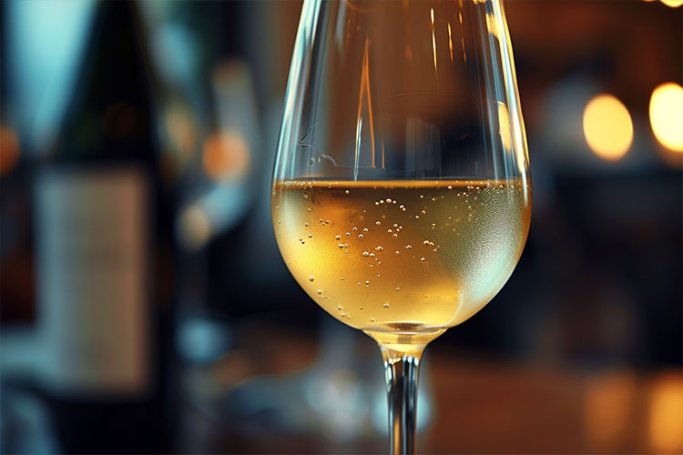 Chilled white wine glass with a bottle in soft focus background.