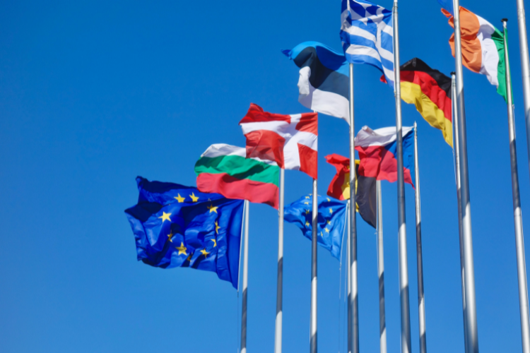 European country flags and European Union flag