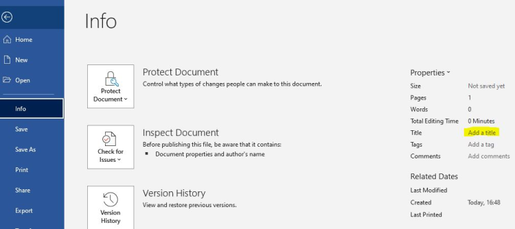 Screenshot showing how to set the title attribute of a Word document