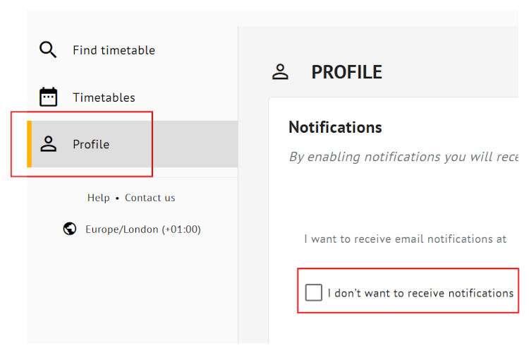 Screenshot of Timetables system showing tickbox to enable notifications