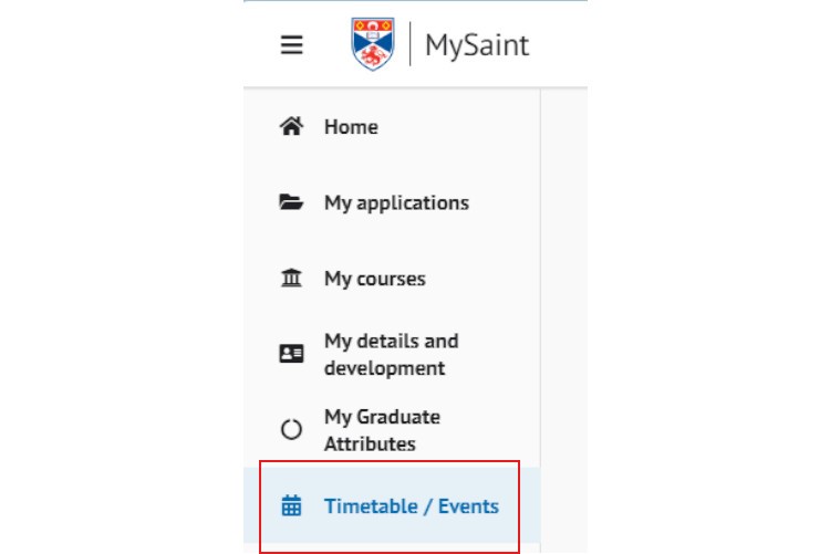 Screenshot of the navigation menu of the student platform MySaint at the University of St Andrews, highlighting the timetable and events option.