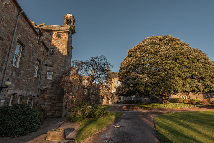 St Mary's Quad, including the Library, on a sunny morning