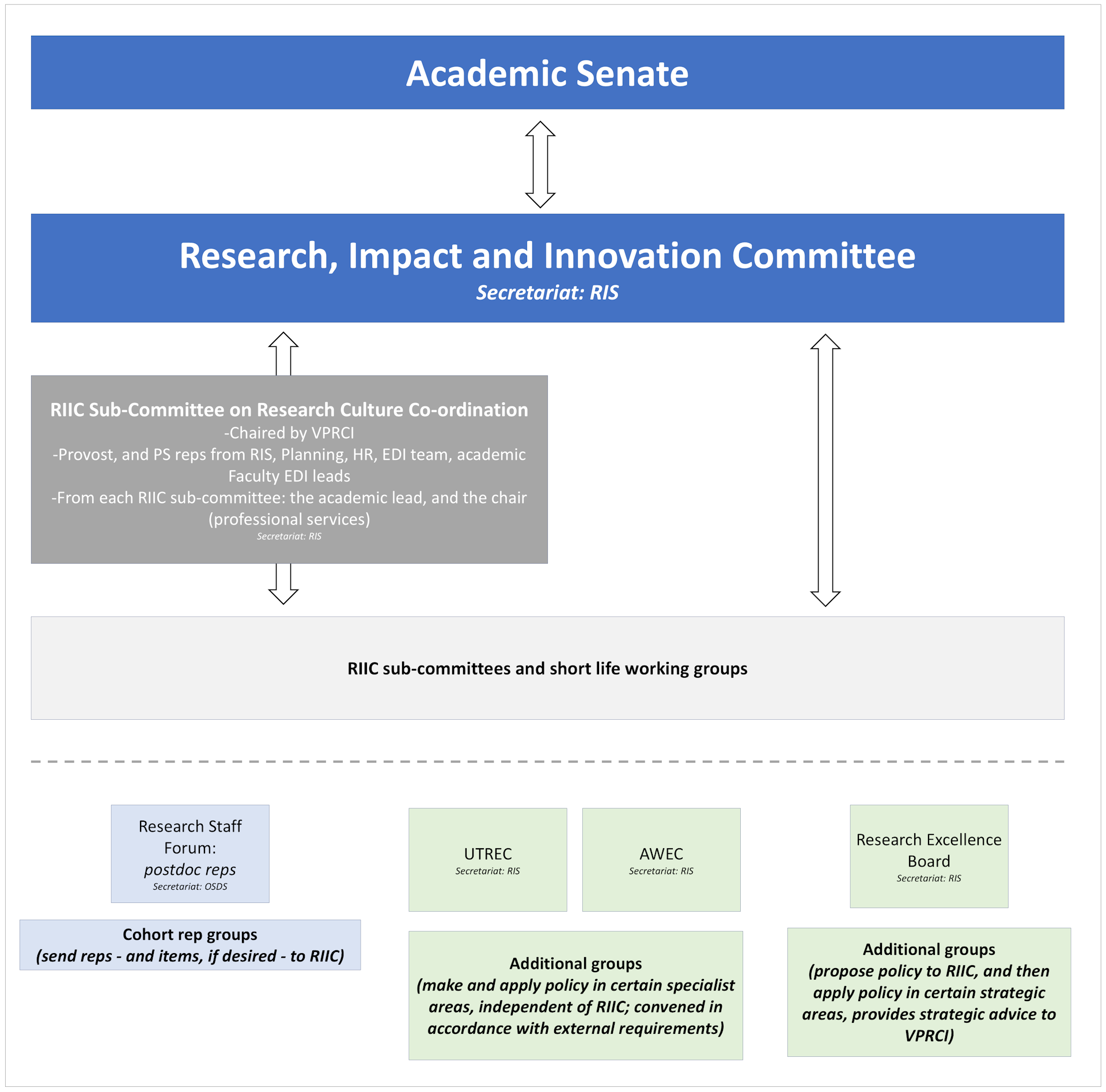 This diagram explains the relationship between the Academic Senate, the Research, Impact and Innovation Committee, its sub-committees, and related groups involved in research governance and policy development.