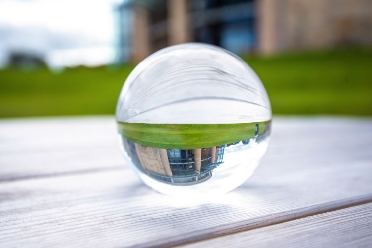 Lensball view of he School of Management, University of St Andrews