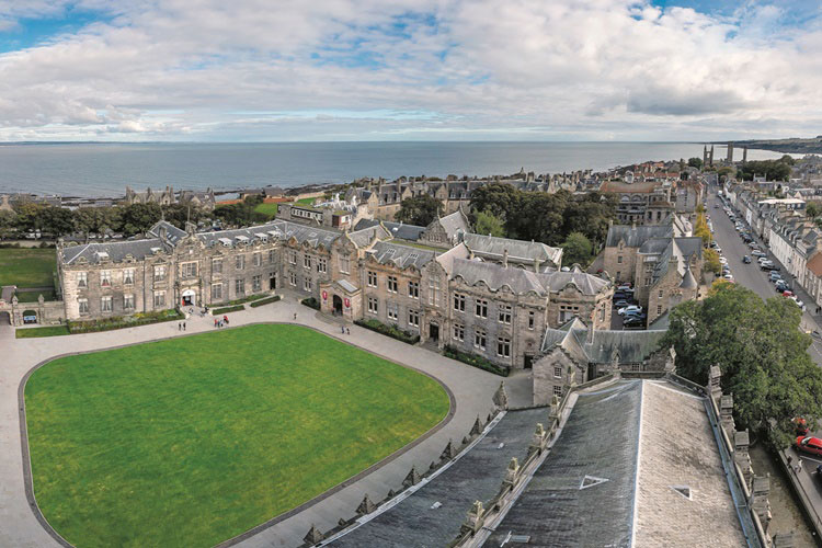 A view over St Salvators Quad with the town of St Andrews in the background.