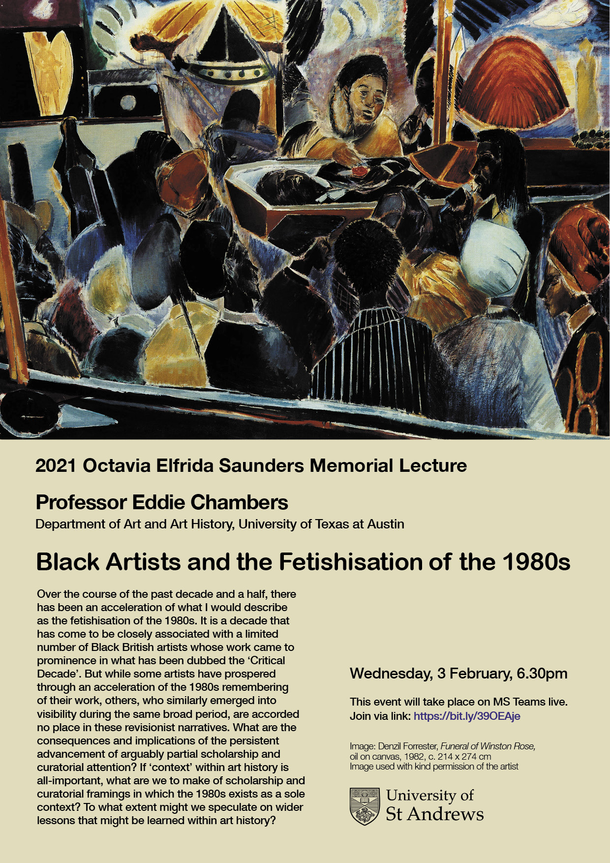 Poster advertising the 2021 Octavia Elfrida Saunders Memorial Lecture, taking place Third February 2021 at 6.30pm