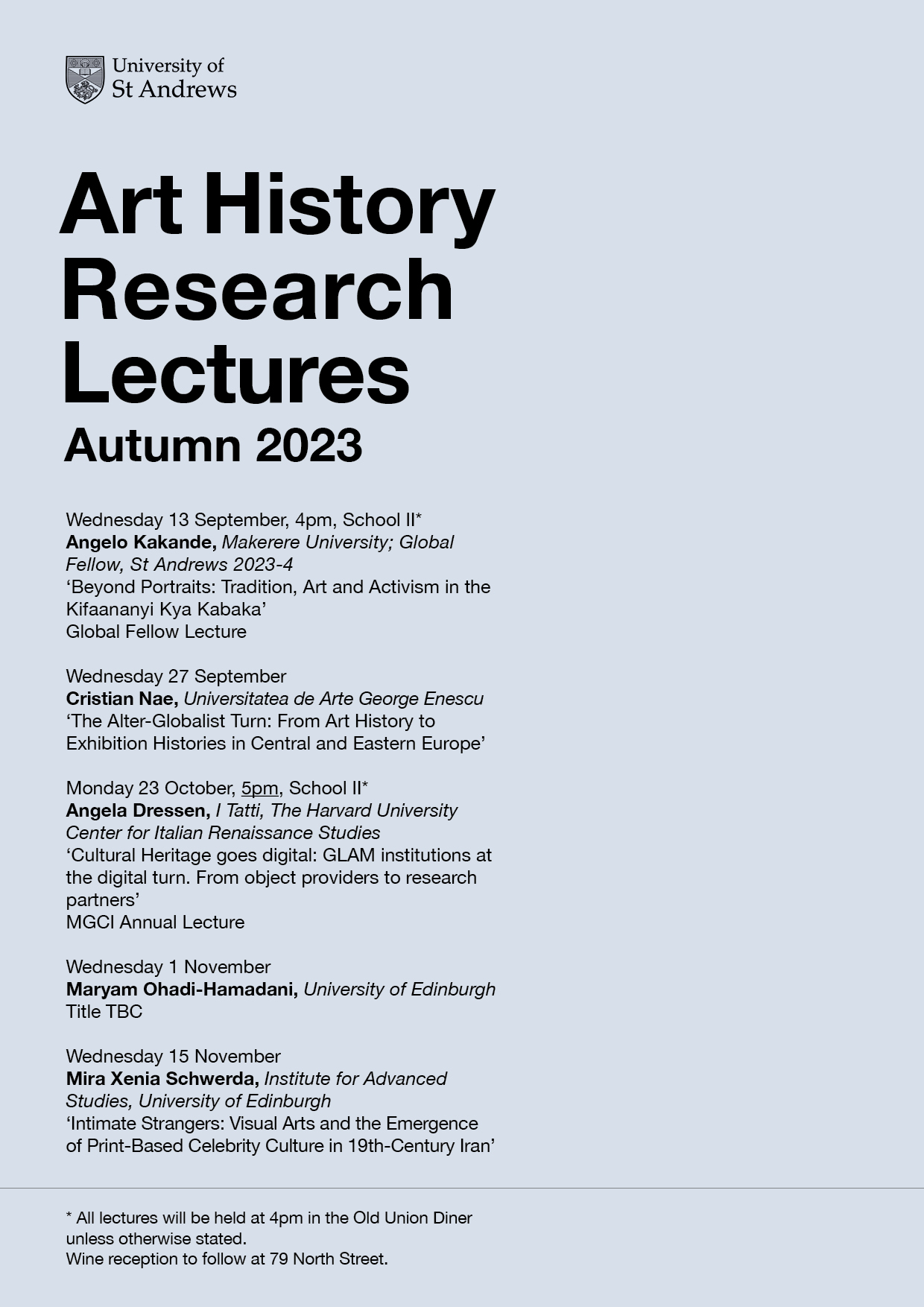 Art History Research Lectures for Semester 1 announced