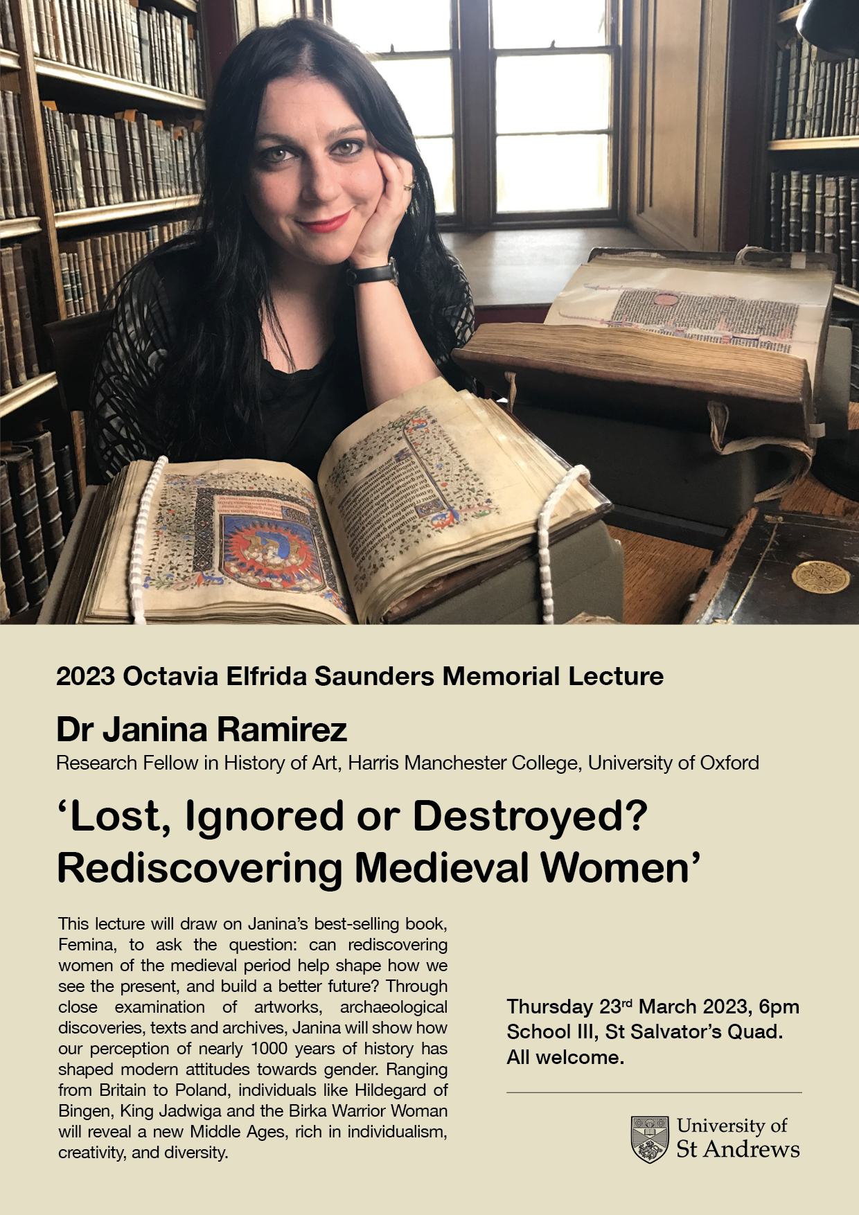 2023 Octavia Elfrida Saunders Lecture poster showing Dr Janina Ramirez checking a manuscript