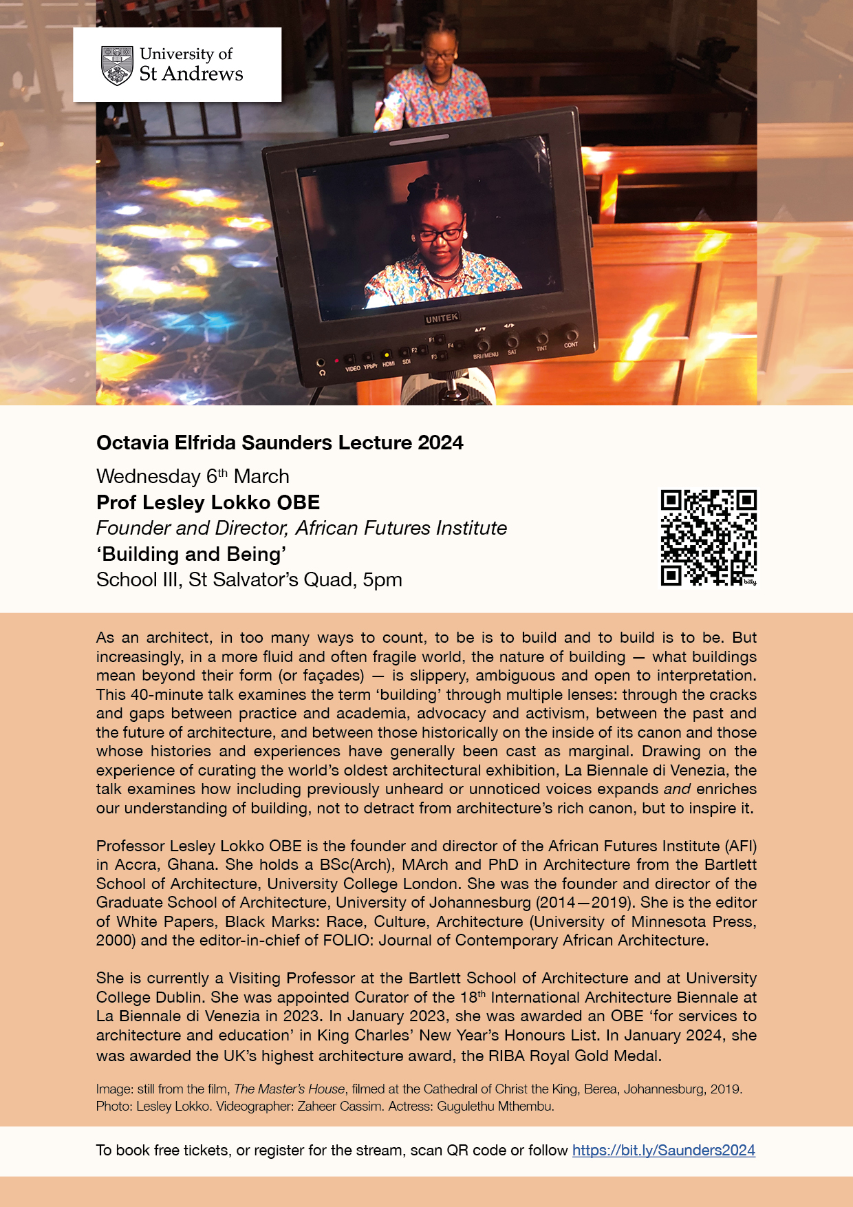 Poster for the Saunders Lecture 2024, with Professor Lesley Lokko OBE titled 