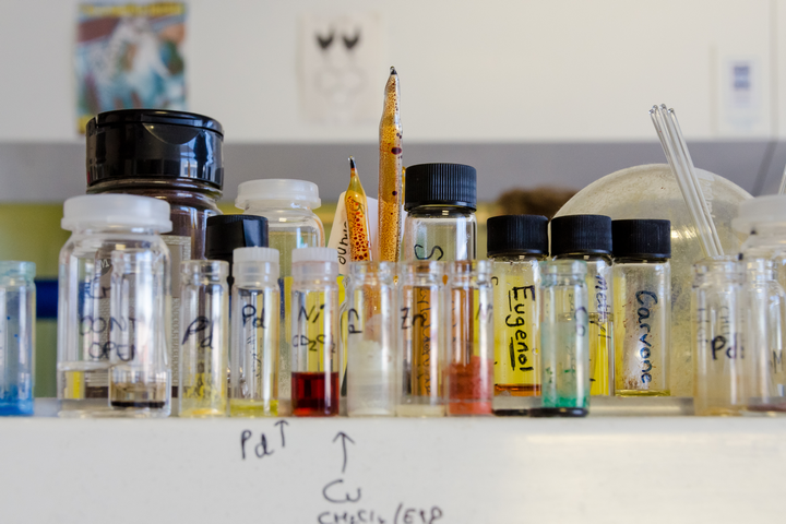 Chemicals in small glass containers