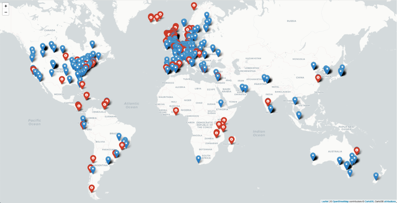 World map showing many marked locations across North America, Europe, Asia, Africa, South America and Australasia, with the highest concentration in Europe and the eastern United States. Locations are marked with blue and red pins.
