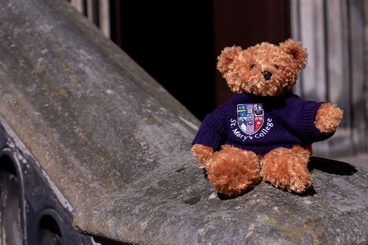 Seton bear outside school of divinity