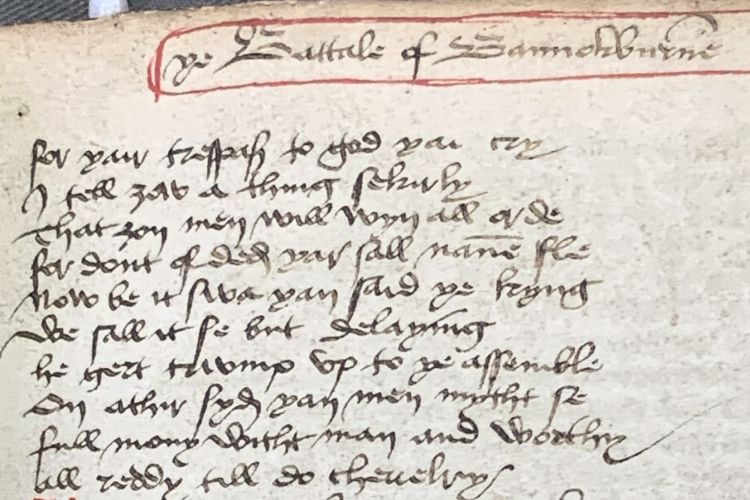 closeup from St John’s College Cambridge MS G23, one of the pages from Barbour’s Brus with ‘ye Battale of Bannokburne’