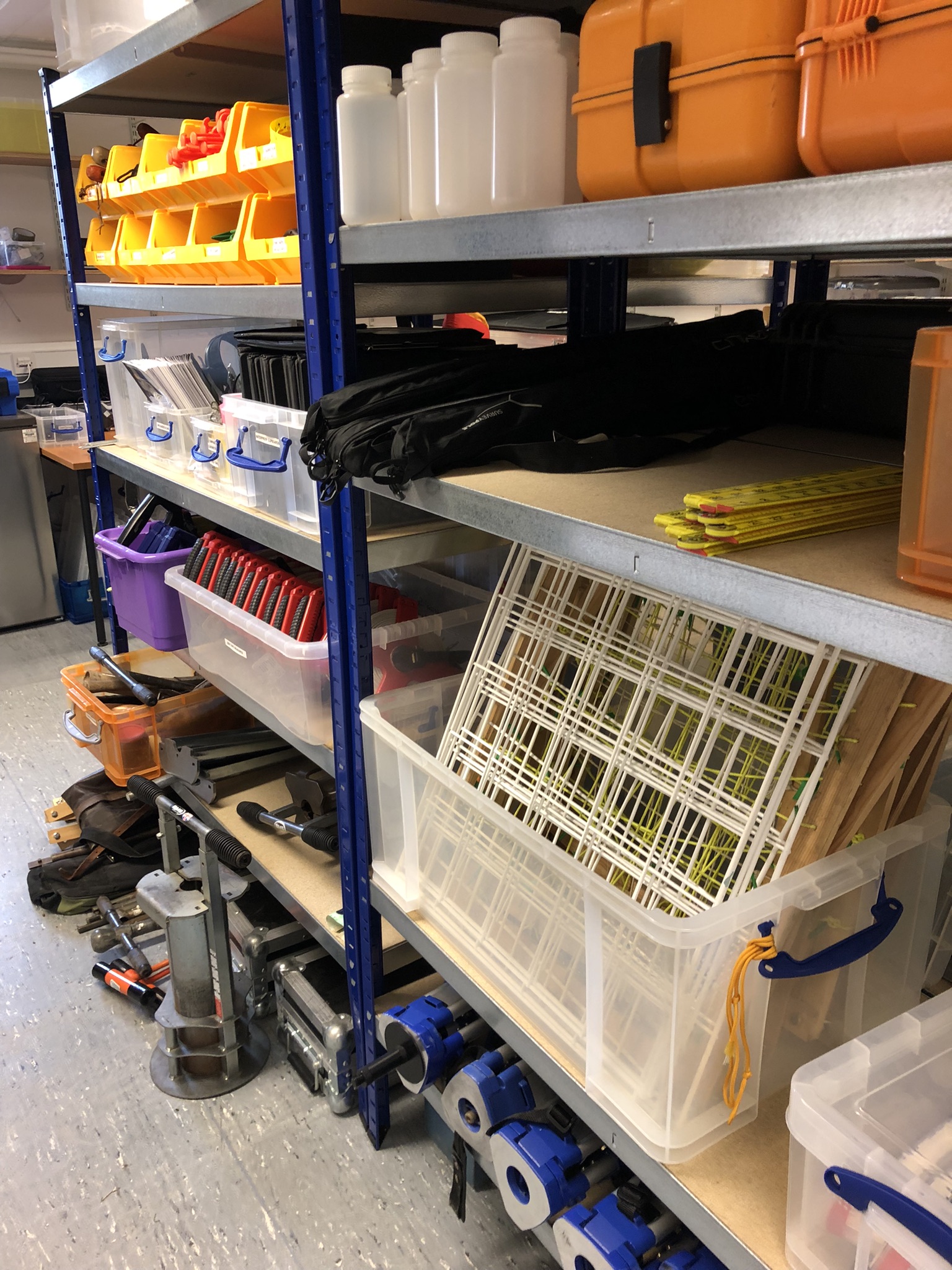 Equipment arranged neatly within the fieldwork store