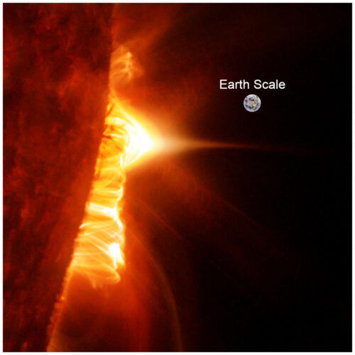 Image showing solar flare beside the Earth to show its scale.