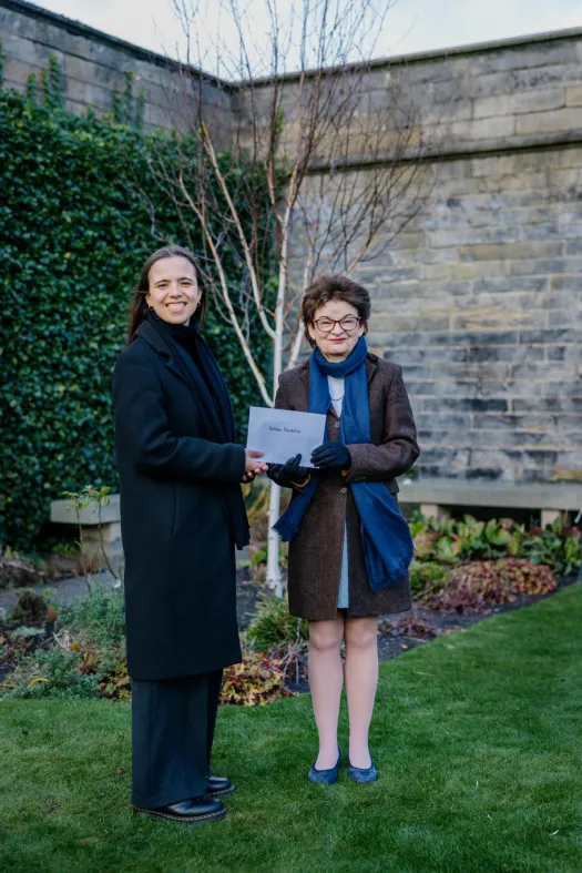 Dr Laura Albertini, prize winner (School of Modern Langauges), and Professor Dame Sally Mapstone FRSE during the Golden Dandelion Prize ceremony for 2024–2025.