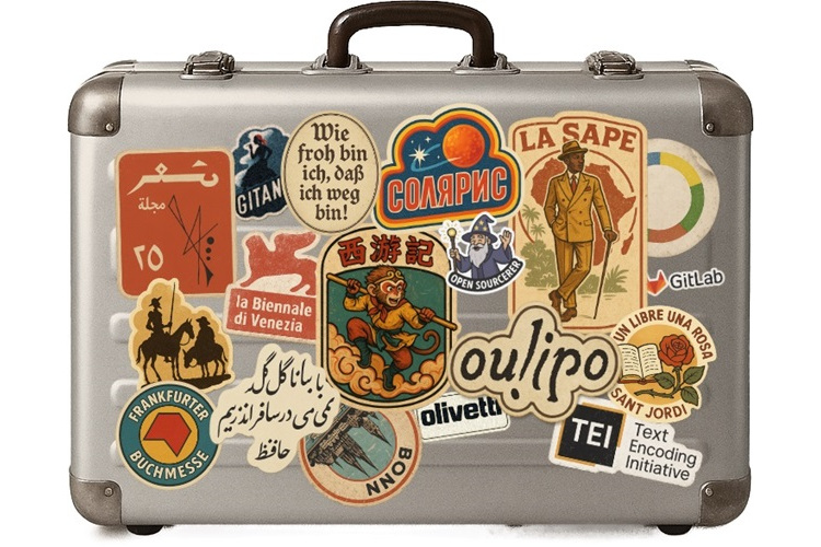 A colourful suitcase with literary stickers in many languages