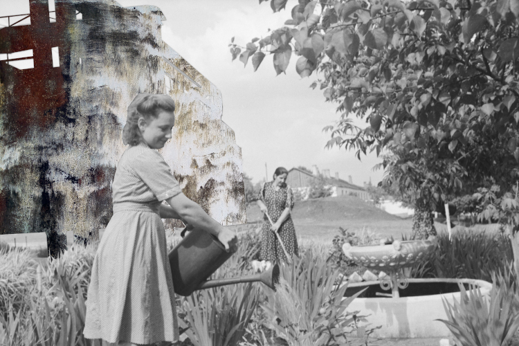 Composite photo - Women with agricultural tools against background of industrial landscape