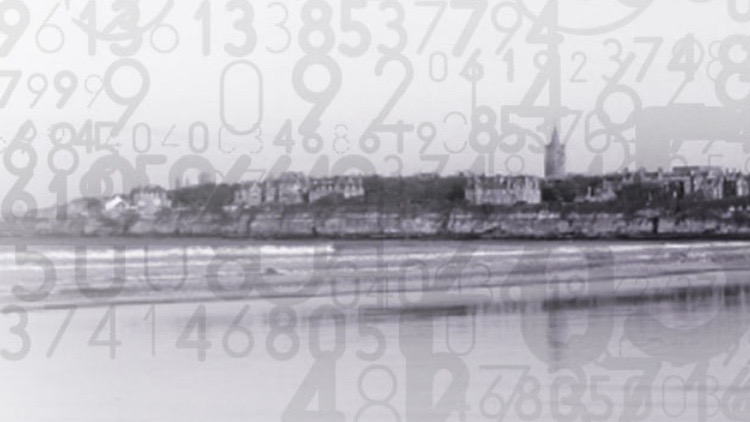 Black-white photo of the West Sands overlayed with many different numbers.
