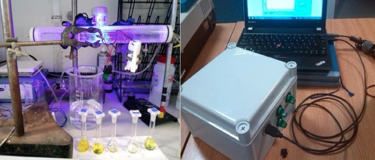 Equipment for pesticide sensing. A lab tube and a sensor box.
