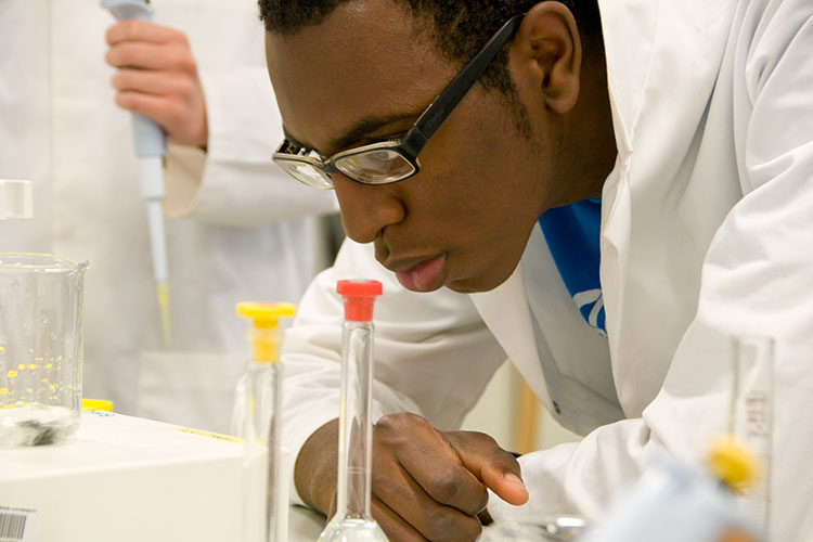 Student observing test tubes in a lab