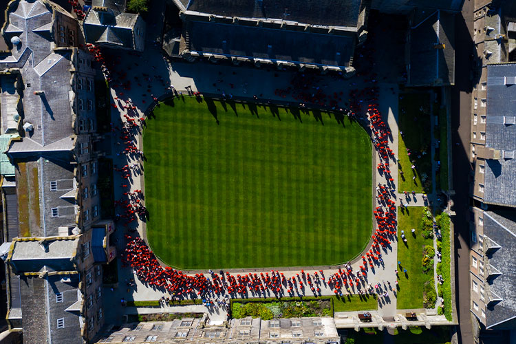 Drone photograph of graduation procession